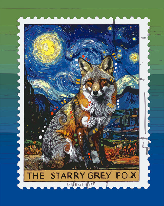 The Starry Grey Fox Stamp Mini Print (Ltd. Edition) (050126)