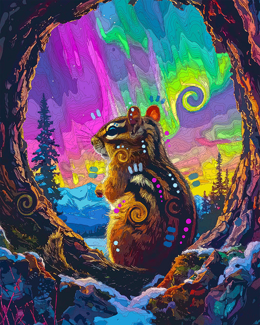 The Northern Lights Tree Chipmunk Mini Print (Ltd. Edition) (052526)