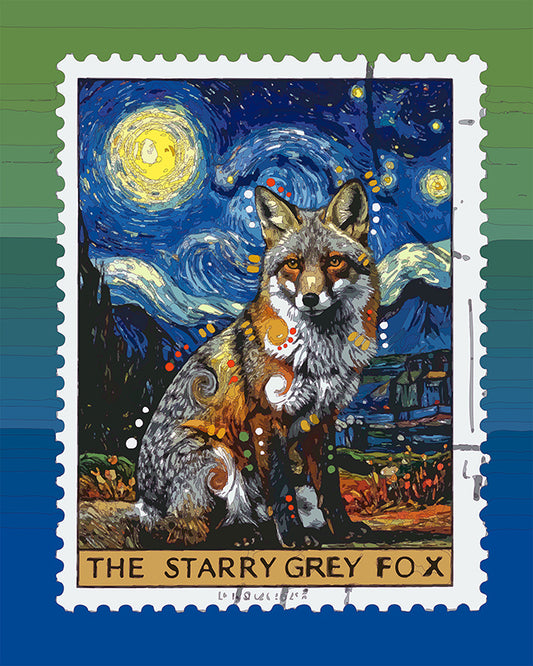 The Starry Grey Fox Stamp Mini Print (Ltd. Edition) (050126)