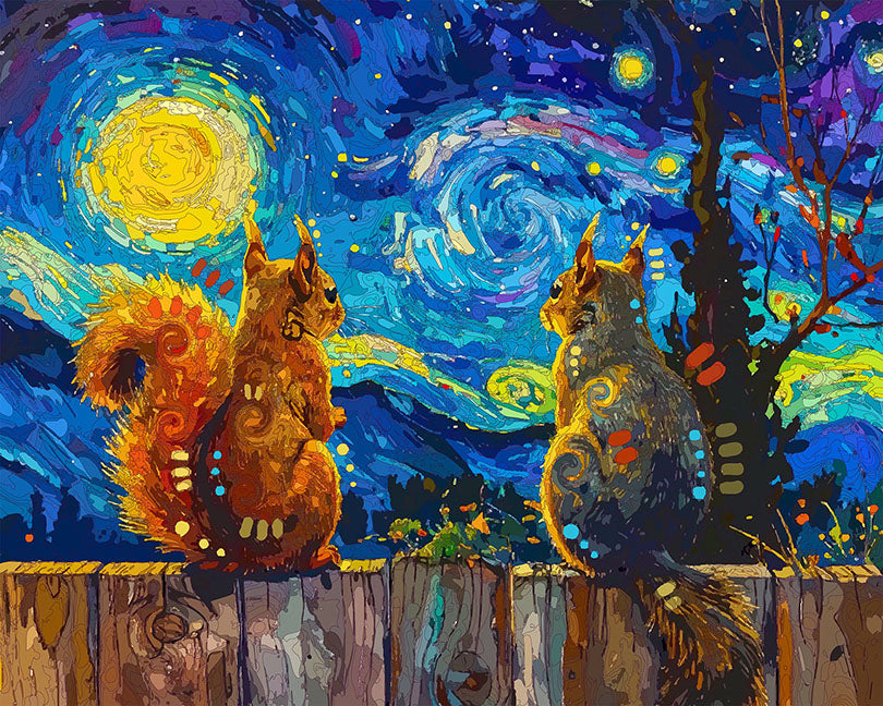 The Starry Night Fence Squirrels Mini Print (Ltd. Edition) (030526)