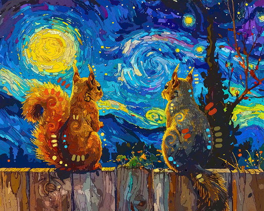 The Starry Night Fence Squirrels Mini Print (Ltd. Edition) (030526)