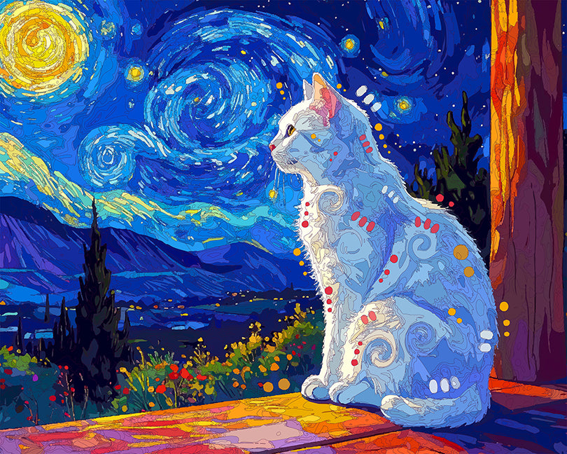 The Starry Night White Window Cat Mini Print (Ltd. Edition) (051826)