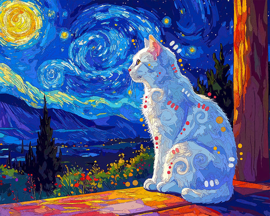 The Starry Night White Window Cat Mini Print (Ltd. Edition) (051826)