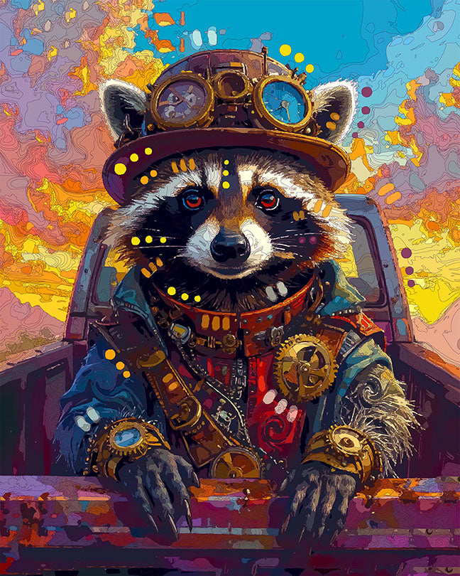 The Steampunk Pickup Raccoon Mini Print (Ltd. Edition) (021926)