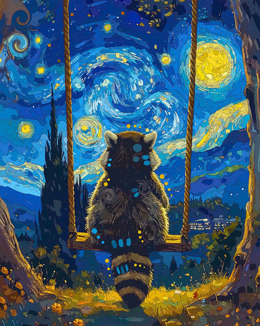The Swinging Starry Raccoon Mini Print (Ltd. Edition) (030626)